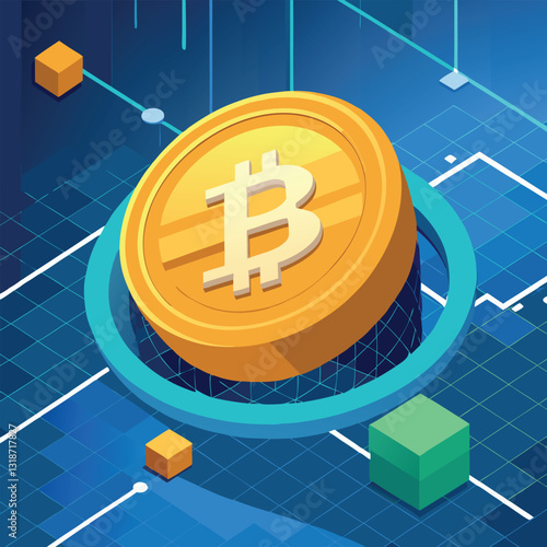Premium 3D Floating Bitcoin Coin with Blockchain Network and Financial Data