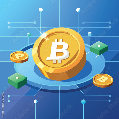 Premium 3D Floating Bitcoin Coin with Blockchain Network and Financial Data