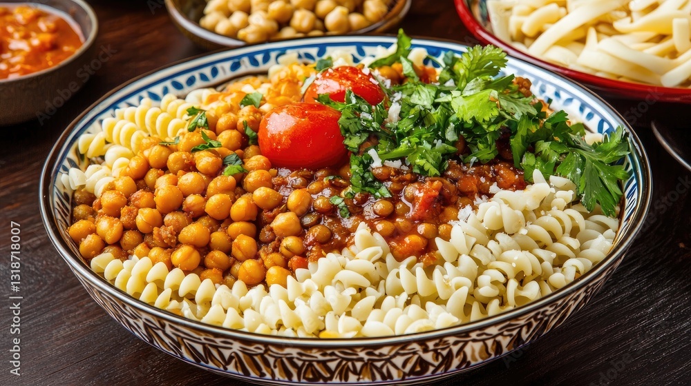 A delicious Egyptian koshari with lentils, pasta, chickpeas, and a tangy tomato sauce. A delicious Egyptian koshari with lentils, pasta, chickpeas, and a tangy tomato sauce.