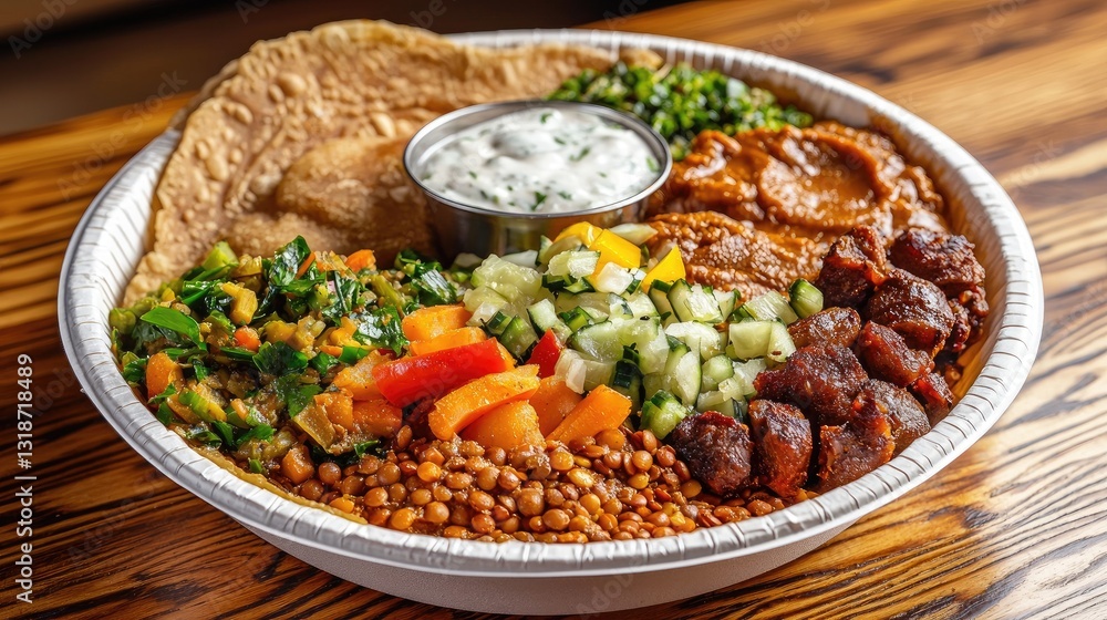 A flavorful Ethiopian injera with an assortment of lentil, vegetable, and meat dishes on top. A flavorful Ethiopian injera with an assortment of lentil, vegetable, and meat dishes on top.