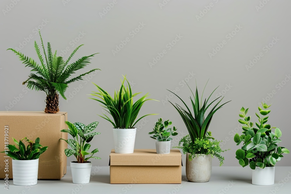 Ultra Quality Image of a Collection of Plants and a Box on a Gray Background Ultra Quality Image of a Collection of Plants and a Box on a Gray Background