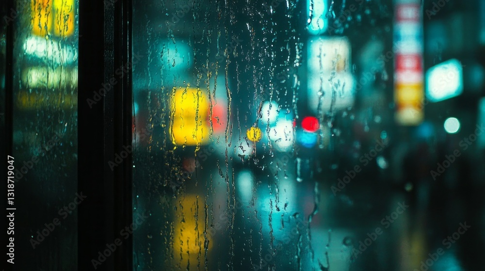 Fototapeta premium Vivid city lights blur through glass covered in raindrops, creating a captivating display of colors as night falls in an urban environment. The atmosphere feels alive and dynamic