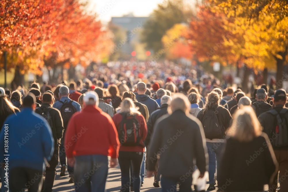 custom made wallpaper toronto digitalCrowd walking on a street lined with autumn trees