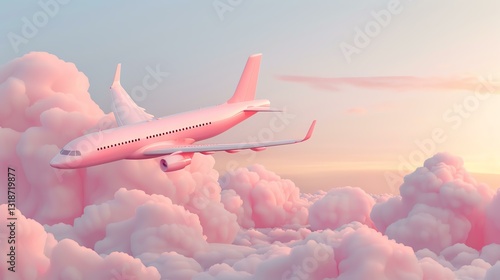 A pink airplane flying through fluffy clouds at sunset, creating a dreamy atmosphere.