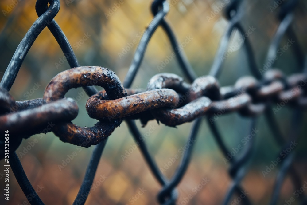 Rusty chain securing a metal wire fence in autumn Rusty chain securing a metal wire fence in autumn