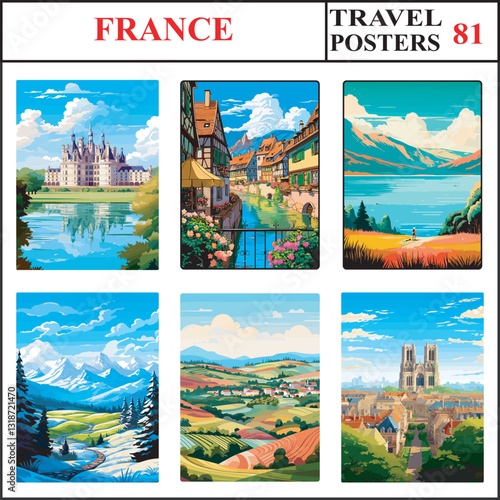 France Chateau de Chambord Colmar Lake Lacanau Travel Poster Wall Art Print Collection Set Part 81