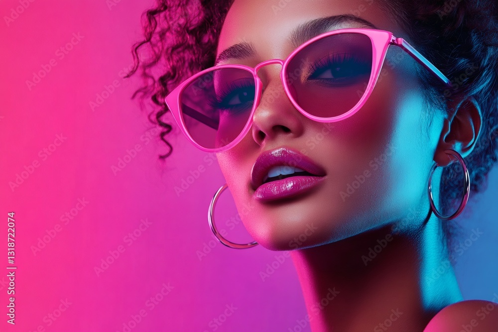 Fashion model posing with pink sunglasses and hoop earrings in neon lighting Fashion model posing with pink sunglasses and hoop earrings in neon lighting