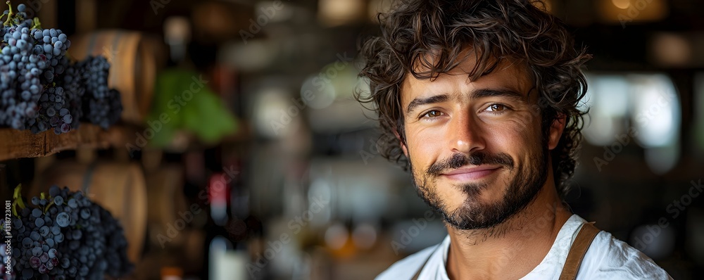 Obraz premium Knowledgeable Bartender Serving Wine Tastings at Rustic Winery with Vineyard Vistas