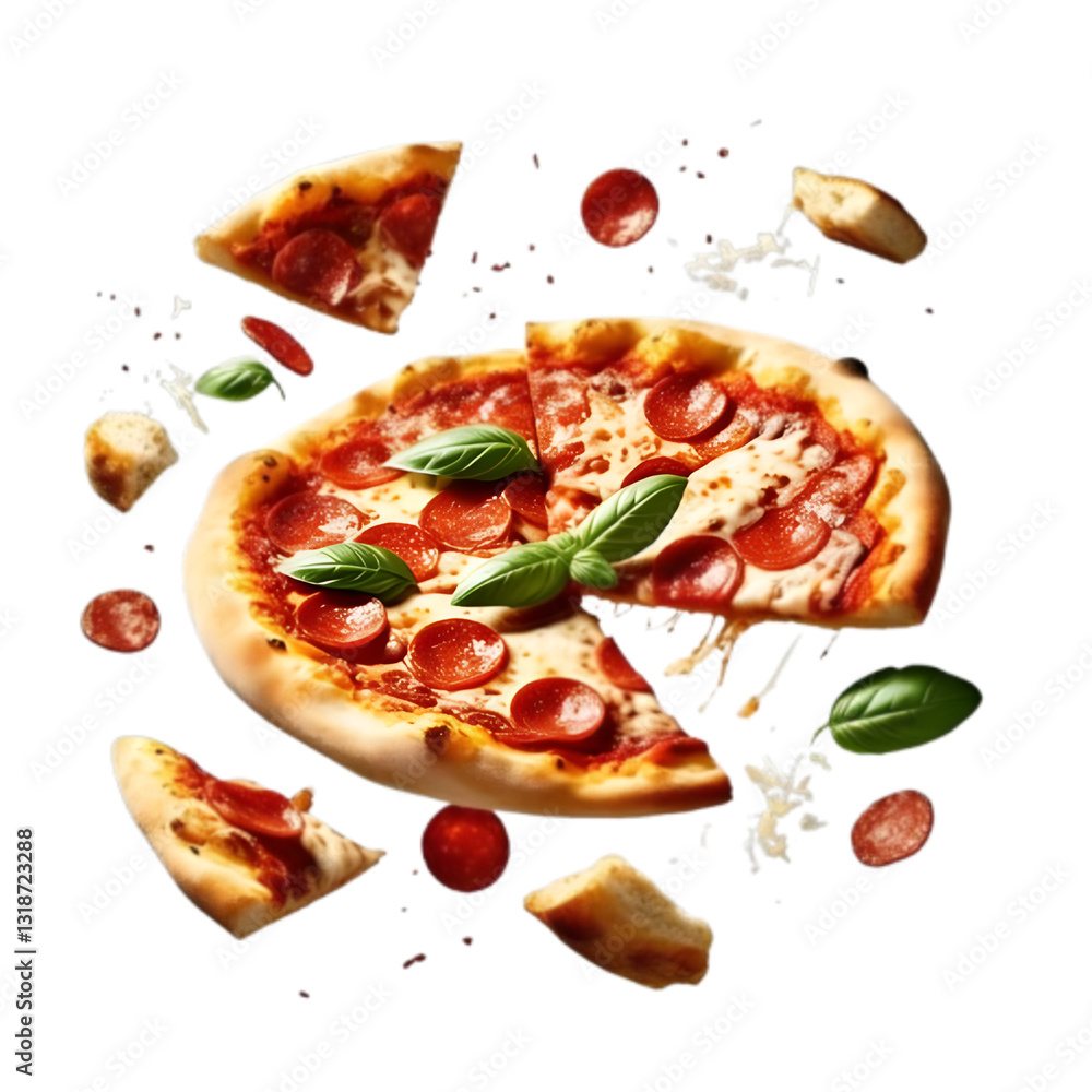 Floating pizza isolated on white transparent background Floating pizza isolated on white transparent background