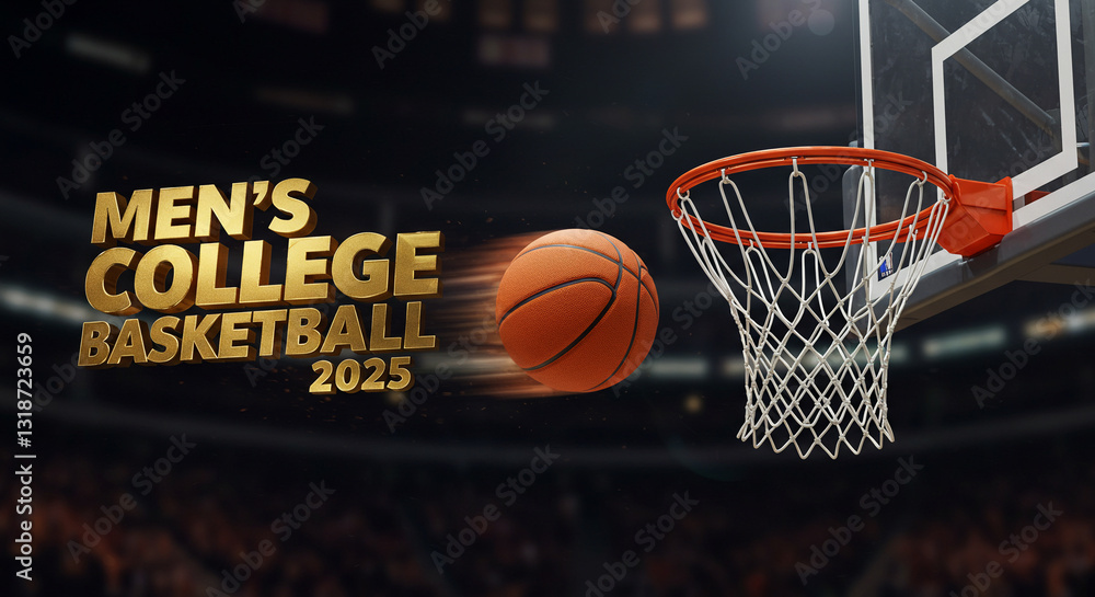 Men's college basketball 2025 golden 3d text on poster with a basketball in motion towards the hoop, bright colors, dynamic design for news and blogs Men's college basketball 2025 golden 3d text on poster with a basketball in motion towards the hoop, bright colors, dynamic design for news and blogs