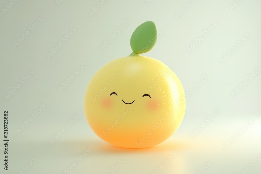 A cute, smiling lemon character with a single leaf on top, rendered in 3D. A cute, smiling lemon character with a single leaf on top, rendered in 3D.