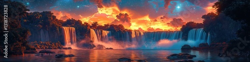 Surreal Waterfall Under a Cosmic Fire Sky – Dreamlike Jungle Fantasy