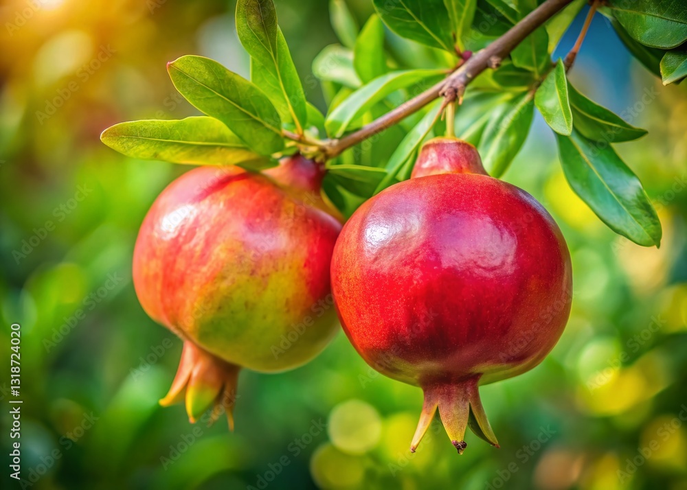 Two Young Pomegranates Growing on a Tree Branch - Candid Close-Up Shot Two Young Pomegranates Growing on a Tree Branch - Candid Close-Up Shot