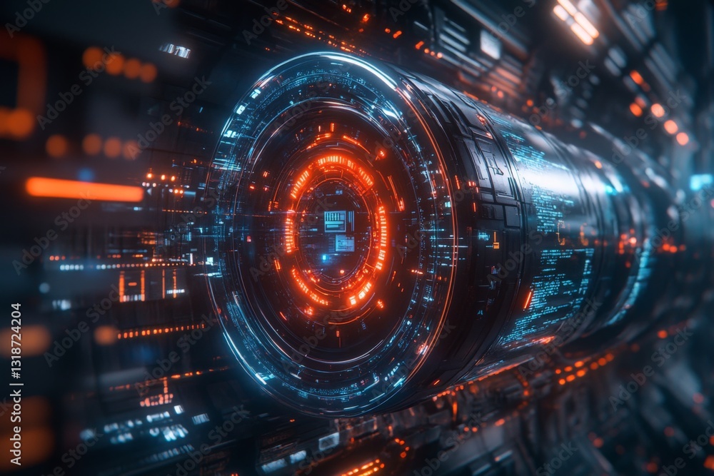 Fototapeta premium Futuristic digital interface showcasing intricate technology in a cyberpunk cityscape during night