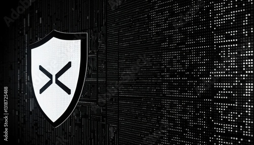 Endpoint protection antivirus concept. A sleek black background featuring a white shield logo, suggesting themes of security and digital protection.