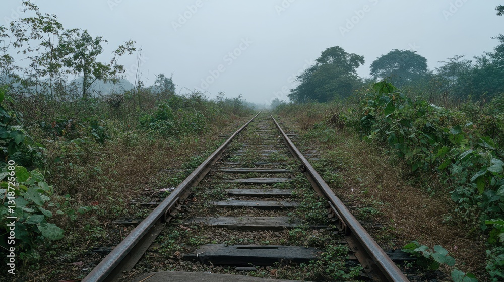Fototapeta premium Abandoned train tracks overgrown with vegetation, shrouded in mist, disappearing into the distance under an overcast sky