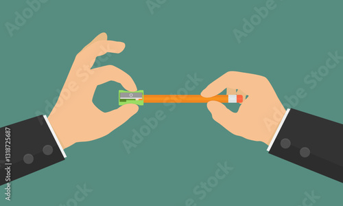 Two hands sharpening a pencil. Flat style vector illustration depicting two hands dressed in black suit sleeves holding a pencil and a sharpener