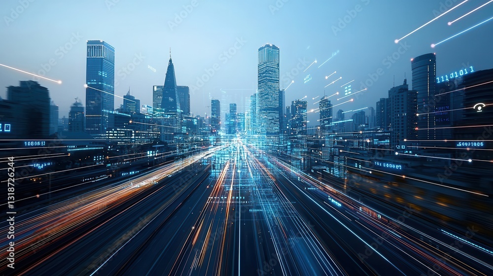 Fototapeta premium Futuristic cyberpunk inspired smart city skyline at night with blurred motion of high speed traffic and glowing skyscrapers Showcasing the innovation progress and advanced infrastructure of a modern