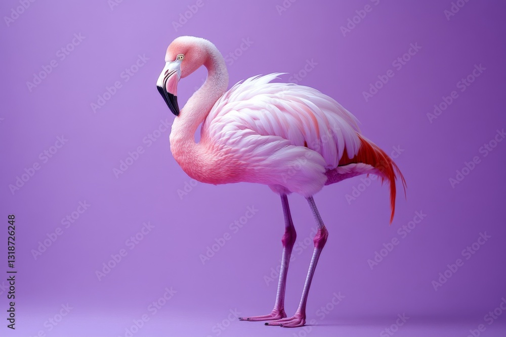 Naklejka premium Flamingo stands gracefully against a vibrant purple backdrop showcasing its colorful plumage and elegant posture