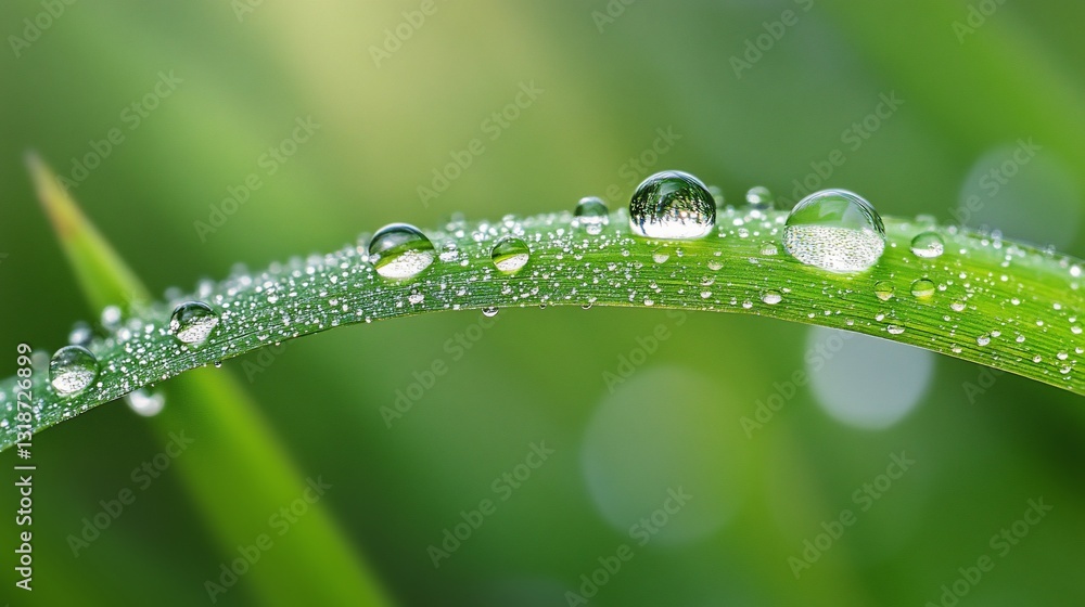 Dew drops clinging to blade of grass, macro shot, soft lighting Dew drops clinging to blade of grass, macro shot, soft lighting