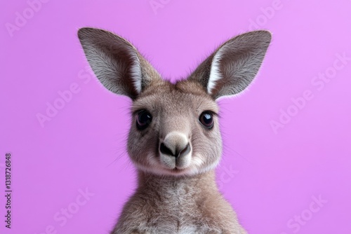 Kangaroo with expressive eyes against a pastel pink background showing charm and curiosity