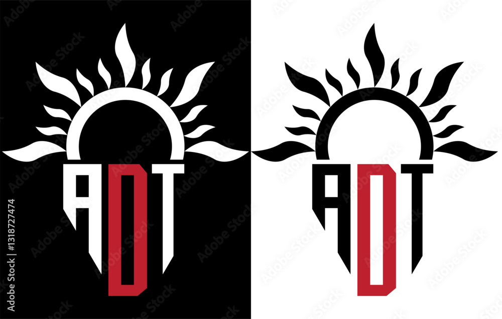 Fototapeta premium Vector shield emblem ADT Logo with abstract fire design elements