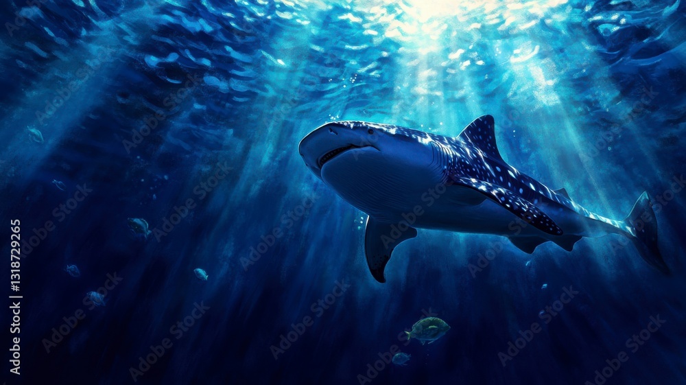 Fototapeta premium Whale Shark Conservation concept A whale shark swims gracefully in shimmering blue waters illuminated by light beams.