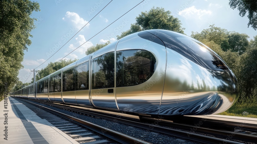 Fototapeta premium Sleek Futuristic Train Design with Polished Exterior and Modern Aesthetic on Railway Tracks