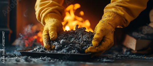 Fireplace cleanup with gloved hands moving hot ashes into a metal tray