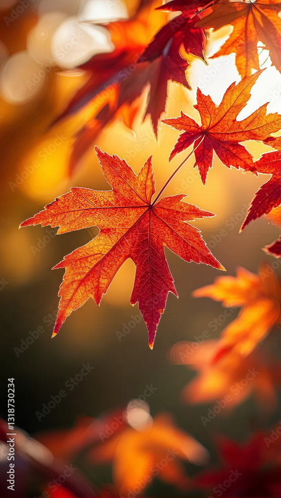 Orange Maple Leaves in Autumn on a Sunny Day, Blurry Background and Macro Close-up Leaf Foreground. No People in Frame, Copy Space. Nature / Landscape Backdrop.