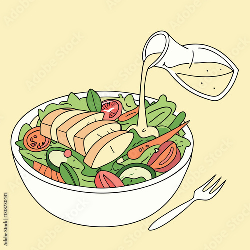 Colorful Hand-Drawn Illustration of a Delicious Chicken Salad Dressing Being Poured