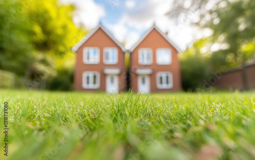 Wallpaper Mural Charming duplex with contrasting architectural styles, surrounded by lush green grass and trees, creating serene atmosphere. Ideal for family living Torontodigital.ca