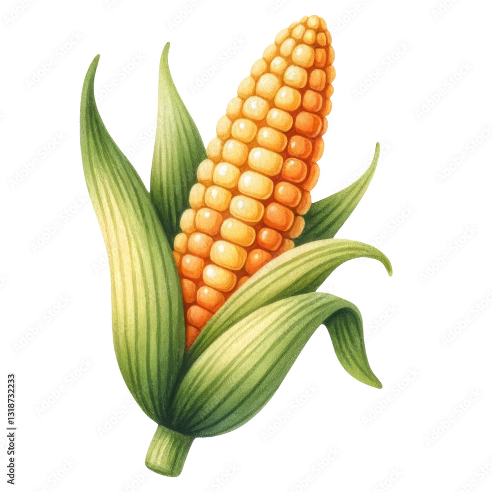 Organic veggie concept. A vibrant illustration of a corn cob surrounded by green husks, showcasing its bright yellow kernels.