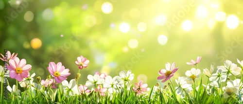 A field of flowers with a bright green background