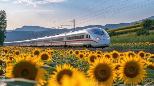 Modern high-speed train rushes through a vibrant field of sunflowers on a sunny day against a backdrop of rolling hills.