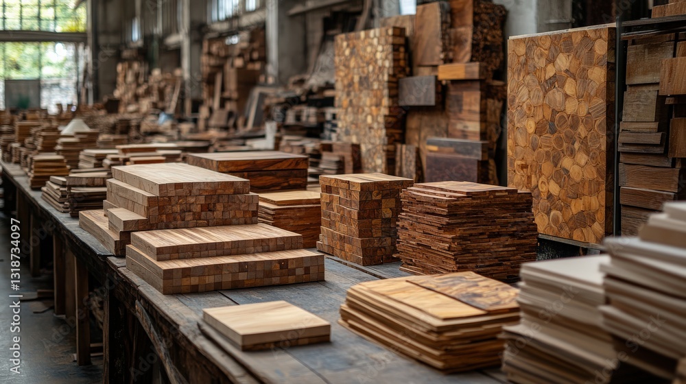 Workshop filled with various wooden planks and stacks, showcasing craftsmanship and tools Workshop filled with various wooden planks and stacks, showcasing craftsmanship and tools