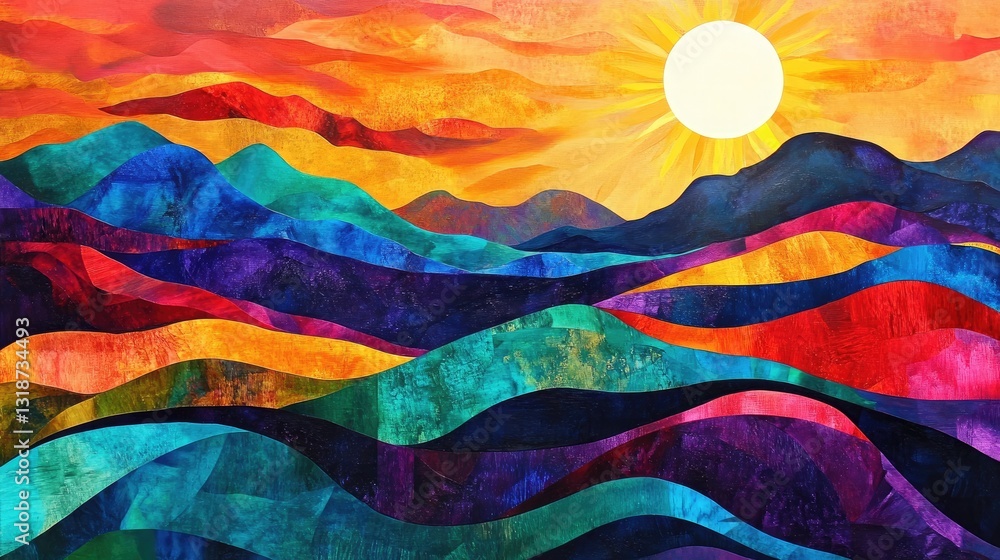 Colorful layers of mountains under a radiant sun evoking a sense of harmony and balance Colorful layers of mountains under a radiant sun evoking a sense of harmony and balance