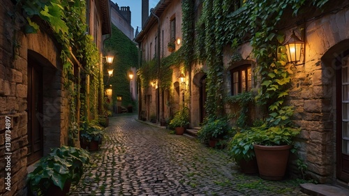 A narrow cobblestone street lined with ivy and potted plants