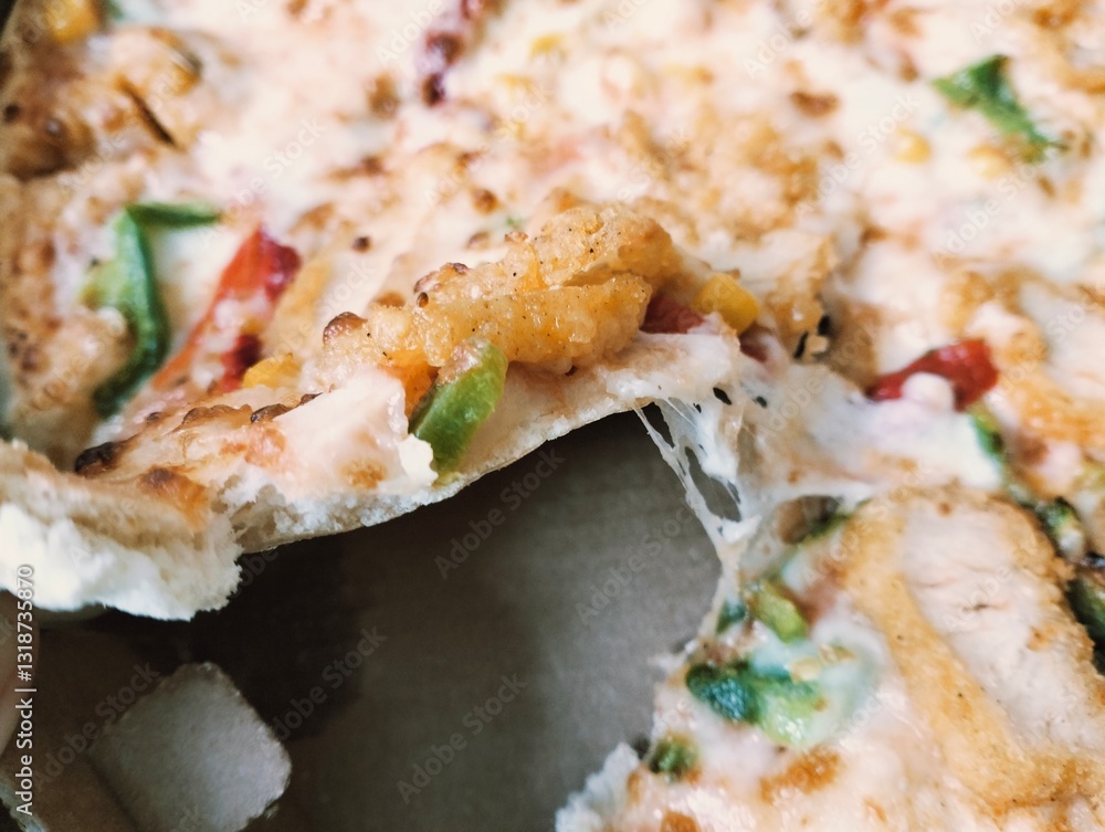 Pizza with chicken and vegetables on a plate. Pizza with chicken and vegetables on a plate.