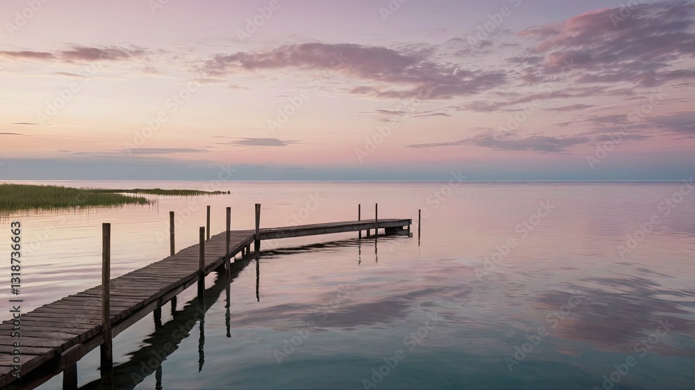 A pier is on the water with a beautiful sunset in the background A pier is on the water with a beautiful sunset in the background