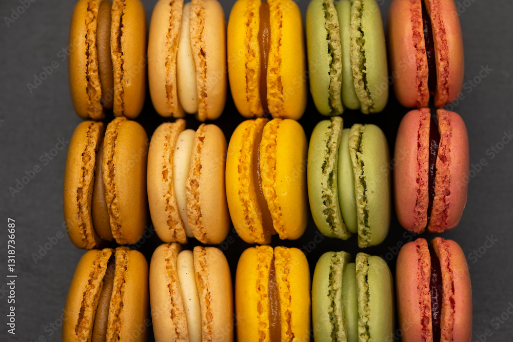 macaroons of different colors on a black background