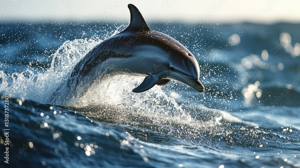 Fototapeta premium Dolphin leaping through ocean waves at sunset