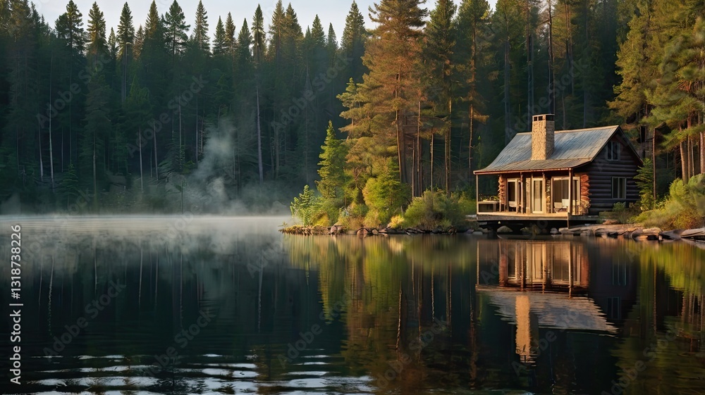 Fototapeta premium A cabin is sitting on a dock by a lake