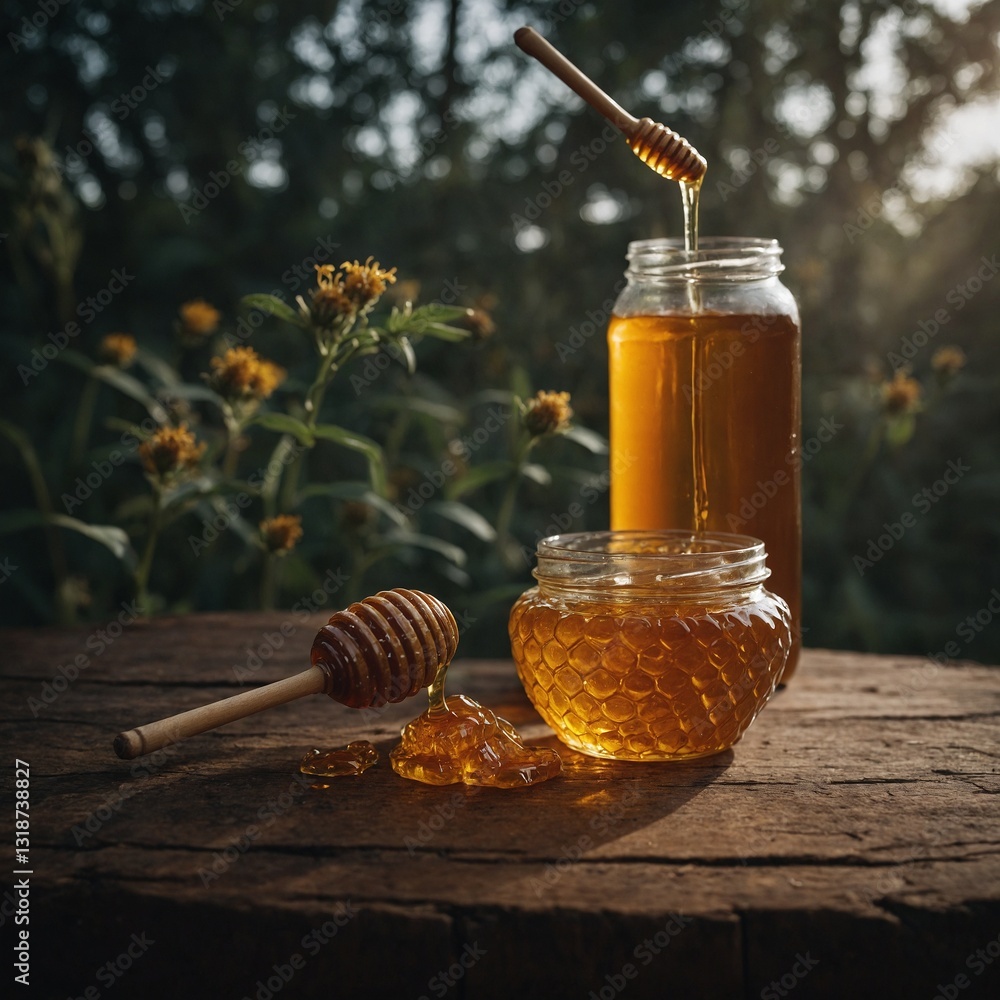 A jar of honey with a gleaming surface, emphasizing its golden color and smooth texture A jar of honey with a gleaming surface, emphasizing its golden color and smooth texture