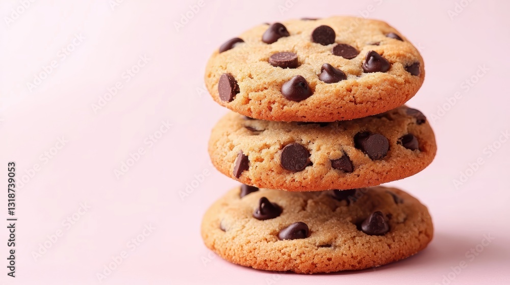 Delicious chocolate chip cookies stacked on a vibrant pink background. Delicious chocolate chip cookies stacked on a vibrant pink background.