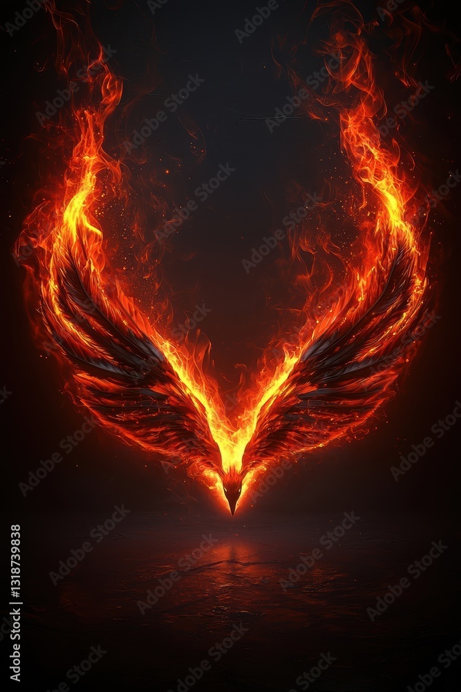 Fototapeta premium Phoenix wings rising from flames symbolize resilience and overcoming challenges.