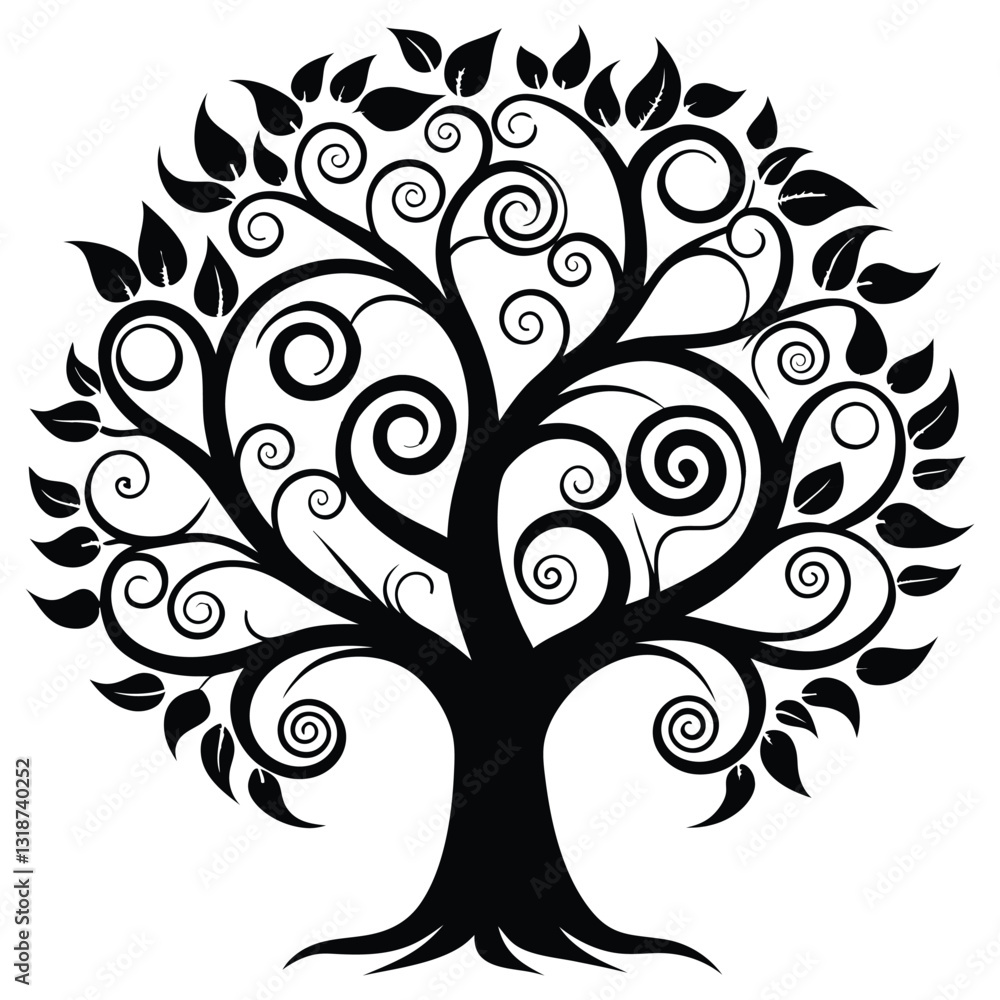 Elegant Decorative Tree Silhouette with Swirling Branches Elegant Decorative Tree Silhouette with Swirling Branches