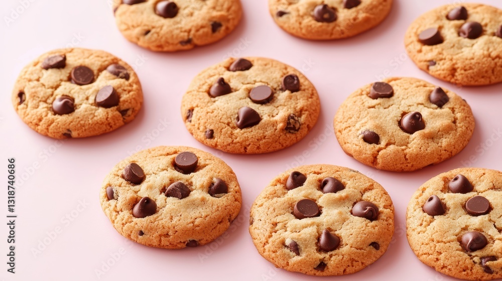 Delicious chocolate chip cookies on a vibrant pink background, inviting and scrumptious. Delicious chocolate chip cookies on a vibrant pink background, inviting and scrumptious.