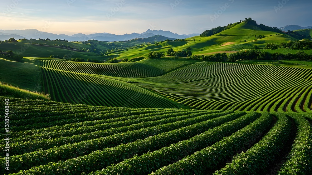 Serene Landscape with Lush Green Fields and Rolling Hills in Enchanting Organic Farm Setting Serene Landscape with Lush Green Fields and Rolling Hills in Enchanting Organic Farm Setting
