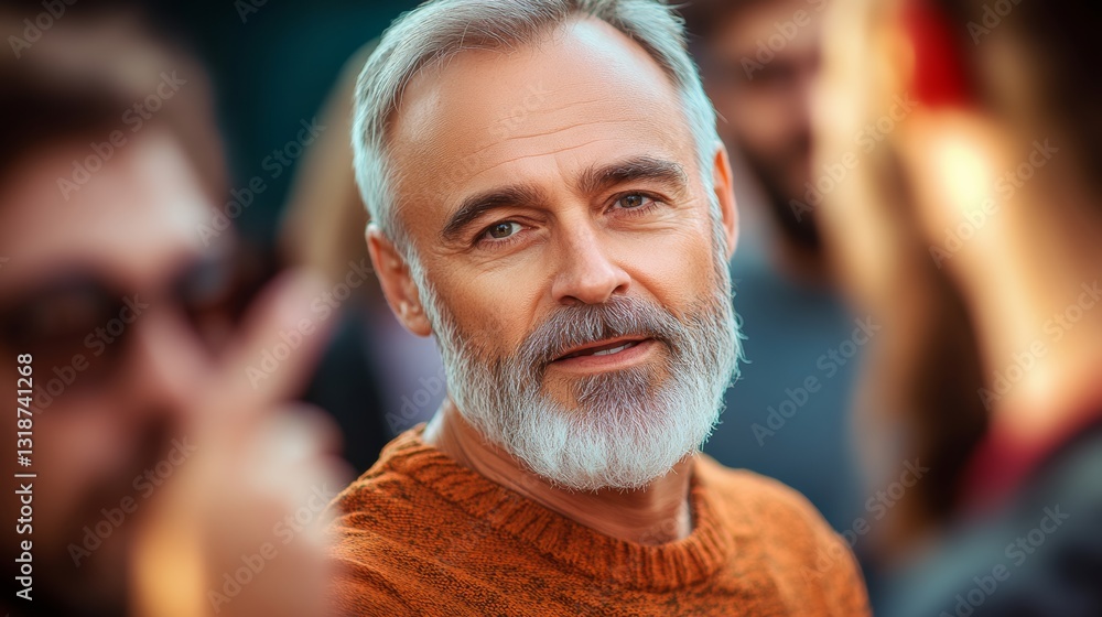 Man with a beard and gray hair is smiling at the camera. He is wearing an orange sweater and sunglasses